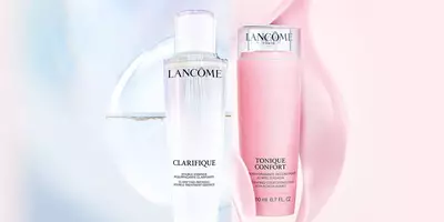 精华与爽肤水并列对比:Clarifique Essence(极光水精华)和 Tonique Confort Toner(清滢柔肤水)