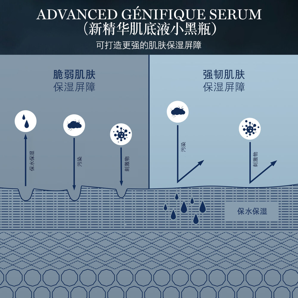 使用 Advanced Genifique Serum（新精华肌底液小黑瓶）增强皮肤水分屏障的示意图